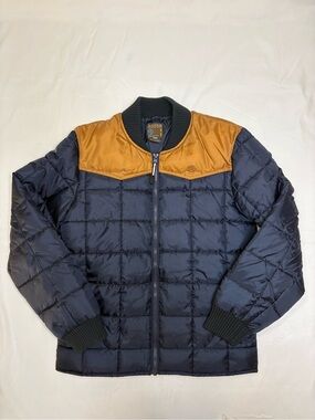 Roper Boys Price Point Quilted Large Poly Fill Puffer Jacket Navy Blue Tan Yoke